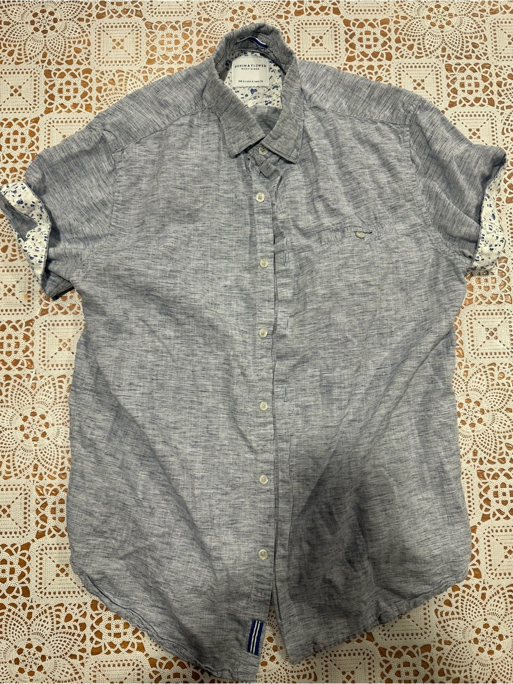 Denim & Flower Ricky Singh Chambray Short Sleeve Button Up Shirt Mens Small